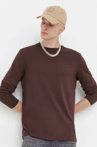 Bavlnené tričko s dlhým rukávom HUGO hnedá farba, jednofarebný