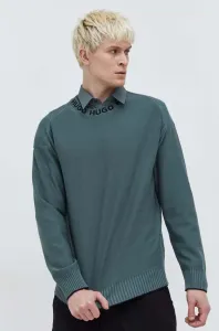 Bavlnený sveter HUGO pánsky,zelená farba,tenký,50474813