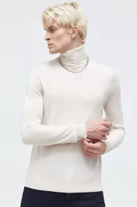 Vlnený sveter HUGO pánsky, béžová farba, tenký, s rolákom