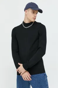 Vlnený sveter HUGO pánsky, čierna farba, tenký,