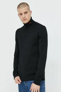 Vlnený sveter HUGO pánsky, čierna farba, tenký, s rolákom #8810170