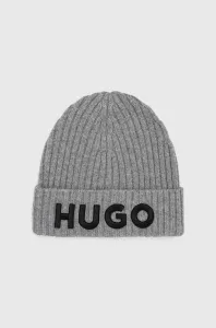 Vlnená čiapka HUGO šedá farba, z hrubej pleteniny, vlnená