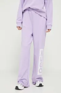 Bavlnené nohavice HUGO fialová farba, s potlačou