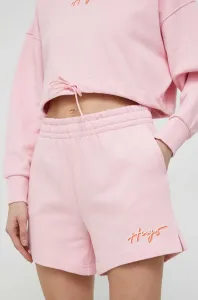 Bavlnené šortky HUGO ružová farba, s potlačou, vysoký pás
