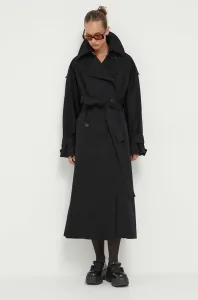 Kabát HUGO dámsky, čierna farba, prechodný, dvojradový