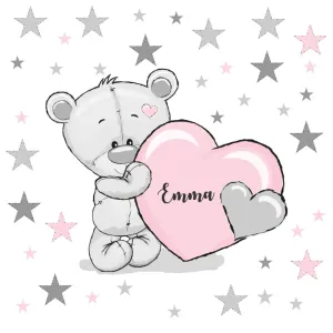 Detské nálepky na stenu - Medvedík s ružovým srdiečkom a menom