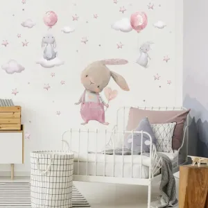 Nálepka na stenu - Akvarelový zajačik a malé zajačiky s balónmi #5608661