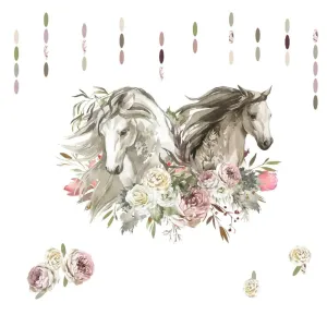 Nálepky na stenu pre teenagerov - Romantické kone s kvetinami