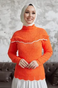 InStyle Alvi Ruffle Detail Striped Knitwear Sweater - Orange