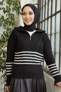 InStyle Sova Turtleneck Zipper Striped Knitwear Sweater - Black #9210017