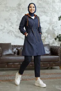 InStyle Alvisa Sleeve Ribbed Neon Trench - Navy Blue