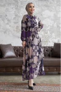 InStyle Danny Pattern Belted Chiffon Dress - Purple