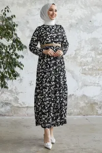 InStyle Eliana Floral Pattern Dress With A Belt - Black