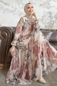 InStyle čipkované šifónové hidžábové šaty so žakárovým golierom a gombíkmi - púder #8627081