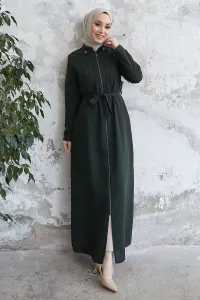 InStyle Laurel Belted Pile Pattern Abaya - Khaki