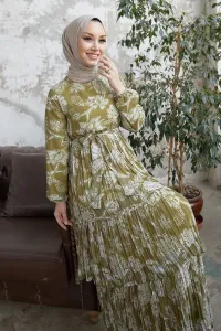 InStyle vrstvené záhyby šifónové hidžábové šaty - olej zelený pre matku #8609283