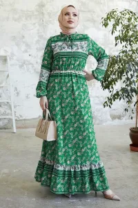 InStyle Misa Striped Floral Jacquard Quilt Chiffon Dress - Green