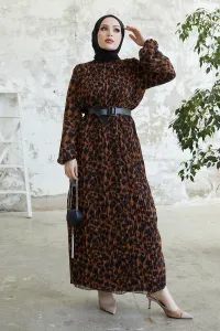 InStyle Rova Long Pleated Chiffon Dress - Brown #8481245