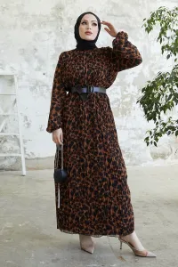 InStyle Rova Long Pleated Chiffon Dress - Brown #8481247