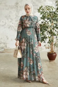 InStyle Serena Floral Pattern Pleated Chiffon Dress - Petrol Green