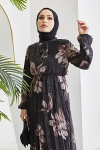 InStyle Serena Kvetinová potlač Plisované šifónové hidžábové šaty - čierne #8590014