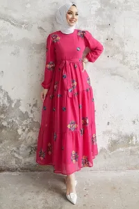InStyle Vanes Floral Embroidery Chiffon Dress - Fuchsia