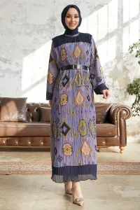 InStyle Viona vzorované plisované šaty s opaskom - fialové