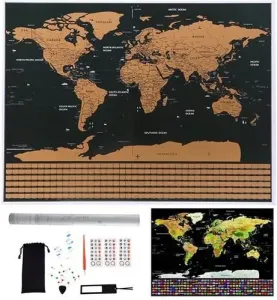 ISO Veľká stieracia mapa sveta s vlajkami Deluxe 82 × 59 cm s príslušenstvom čierna