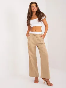 Dámske béžové široké nohavice s kontrastným opaskom - XL