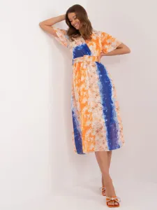 Dámske oranžovo-modré midi šaty s potlačou a s opaskom - UNI