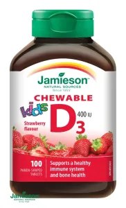 Jamieson Vitamín D3 Kids 400IU tablety na cmúľanie s príchuťou jahody pre deti 100 tabliet