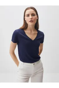 Jimmy Key Navy Blue Straight Cut V-Neck Short Sleeve Basic Knitted T-Shirt