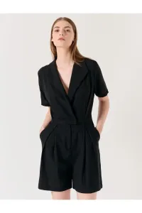 Jimmy Key Black Double Breasted Collar Short Sleeve Linen Jumpsuit #9308679