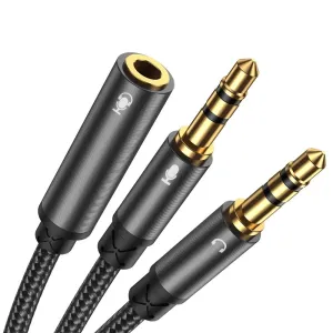 Joyroom AUX splitter cable 3.5 mm mini jack (female) - 2x 3.5 mm mini jack (male - microphone and headphones) 0.2 m black (SY-A05)