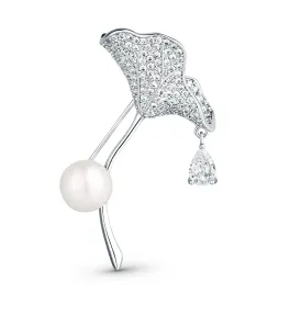 JwL Luxury Pearls Trblietavá brošňa 2v1 s kryštálmi a pravou perlou Ginkgo JL0838