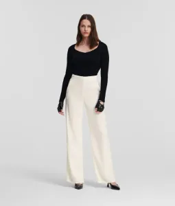 Nohavice Karl Lagerfeld dámske, béžová farba, široké, vysoký pás #7373119