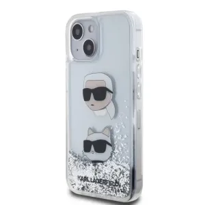 Karl Lagerfeld Liquid Glitter Karl and Choupette Head Zadný Kryt pre iPhone 15 Silver