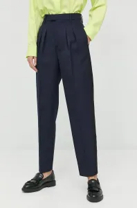 Nohavice s prímesou vlny Karl Lagerfeld Karl Lagerfeld x Cara Delevingne dámske, tmavomodrá farba, rovné, vysoký pás #3775396