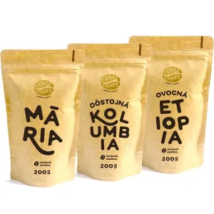 Káva Zlaté Zrnko - Spoznaj 3 kávy na filtrovanú 600g (Mária, Kolumbia, Etiópia) MLETÁ - Mletie na moku - koťogo, filter, aeropress, frenchpress (hrubš