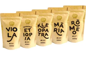 Káva Zlaté Zrnko - Spoznaj 5 káv na filtrovanú 1000g (Kolumbia, Etiópia, Kleopatra, Mária, Rómeo) MLETÁ - Mletie na domáci espresso kávovar a zalievan