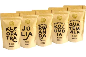 Káva Zlaté Zrnko - Spoznaj 5 káv na pestré espresso 1000g (Kleopatra, Júlia, Salvádor, Kolumbia, Guatemala) MLETÁ - Mletie na domáci espresso kávovar