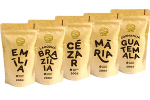 Káva Zlaté Zrnko - Spoznaj 5 káv na sladké espresso 1000g (Emília, Brazília, Cézar, Mária, Guatemala) MLETÁ - Mletie na domáci espresso kávovar a zali