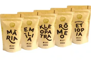 Káva Zlaté Zrnko - Spoznaj 5 káv na zalievanú 1000g (Mária, Emília, Kleopatra, Rómeo, Etiópia) MLETÁ - Mletie na moku - koťogo, filter, aeropress, fre