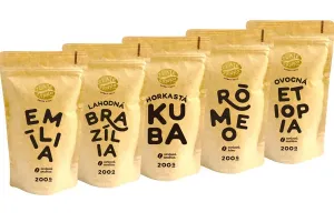 Káva Zlaté Zrnko - Spoznaj najpredávanejšie 1000g (Emília, Brazília, Kuba, Rómeo, Etiópia) MLETÁ - Mletie na moku - koťogo, filter, aeropress, frenchp