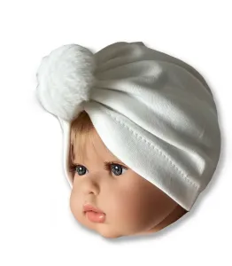 Detská turbánová čiapka- Brmbolček, biela 0-9m