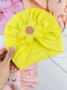 Detská turbánová čiapka- Flower, žltá 0-9m