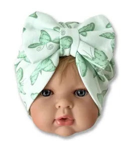 Detská turbánová čiapka- Motýlik, zelená 0-9m