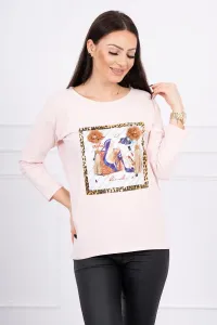 Blouse with 3D graphics and decorative pom pom powder pink