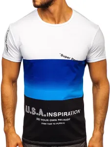 Men's summer white T-shirt with Super Project print SS10919 - blue, #8453161