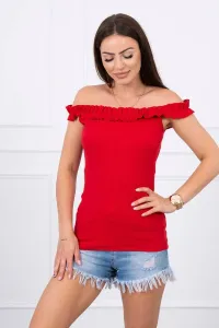 Red blouse with ruffles over the shoulder